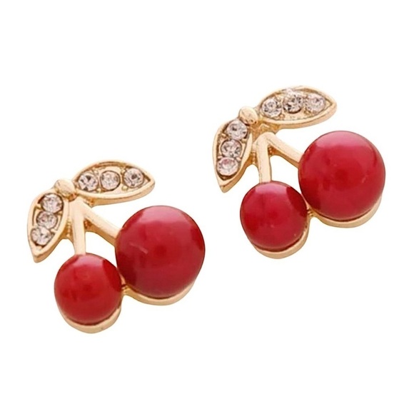 Rhinestone Cherry Stud Earrings - Picture 4 of 5